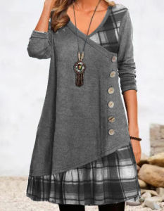 2023 European and American Independent Station TEMU Cross-Border New Arrival Womens Clothing Casual Patchwork Button Long Sleeve Dress ☺1130