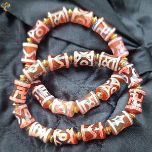 Premium Grade Natural Tibetan Duo Bao Bamboo Barrel Dzi Agate Bracelet
