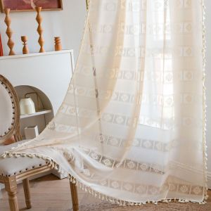 Cross-Border American Crochet Nordic ins Beige Hollow Lace Diamond Plaid Living Room Bedroom Transparent Curtain Wholesale