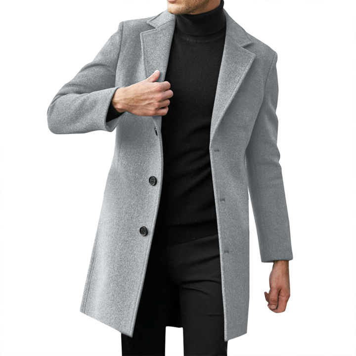 Winter Men Wool Overcoat Lapel Long Sleeve Single Breasted Mid length Suit Coat Outwear Side Pockets Solid Color Long Outwear Lazada