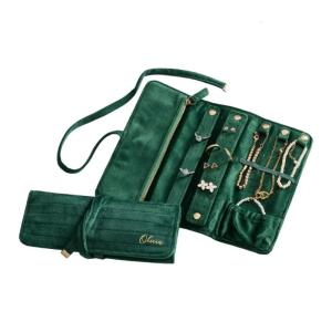 Foldable Flocking Pouch With Separate Sections for Necklace Rings Earring Storage Travel Accessory