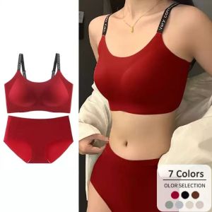 LANGJ กันกระแทกและกันกระแทก ชุดบราขาสั้น ตัวอักษรสำหรับเด็ก ฟิตติ้ง เซ็ตชุดชั้นในสตรี แฟชั่นสำหรับผู้หญิง ป้องกันการหย่อนคล้อย กางเกงเอวกลาง สำหรับผู้หญิง