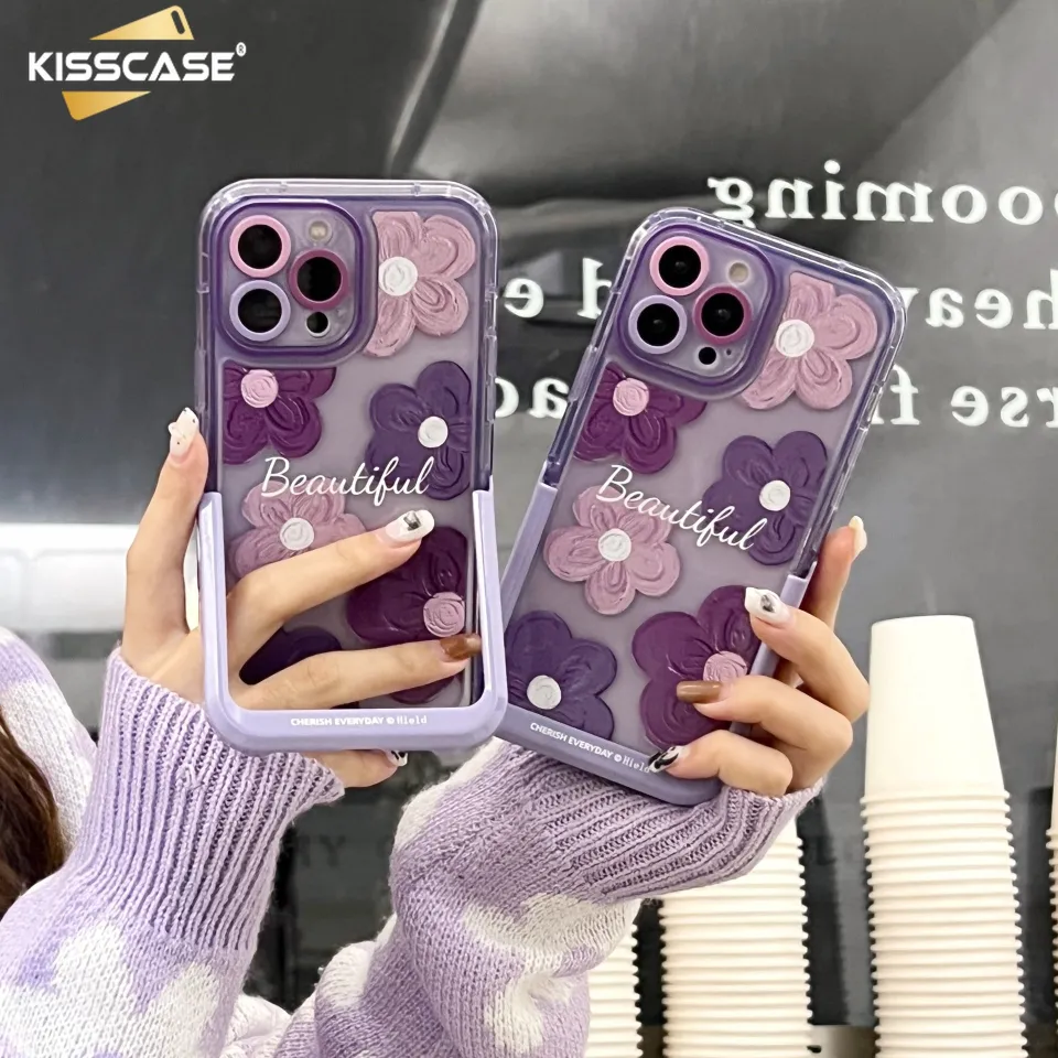 KISSCASE Purple Graffiti Flowers Bracket Case For iPhone 15 Pro