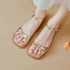 Bow shaped buckle strap sandals for women with flat soles and thick heels. 2025 Summer New Versatile Fashion Gold Silver