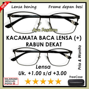 FREE CASE - Kacamata Lensa Plus Rabun Dekat Frame Hitam Setengah Besi Lensa Bening Untuk Pria Wanita Dewasa - TERSEDIA UKURAN (+)1.00 S/D (+)3.00