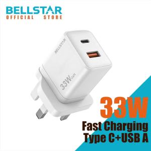 BELLSTAR 33W Dual Port Fast Charger USB C USB A PD QC UK Plug Wall Charger For iPhone Samsung