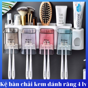 Kệ 4 ngăn đựng bàn chải kem đánh răng kèm 4 ly xinh xắn - Kệ để đồ nhà tắm hút chân không siêu tiện lợi cho mọi gia đình