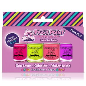 Piggy Paint Non-Toxic - Neon with Backlight Glow (4 Color Set) Non-Toxic Polish for Little Girls Toddlers & Kids Water Based Formula Safe Cruelty Free Durable Finish Vegan