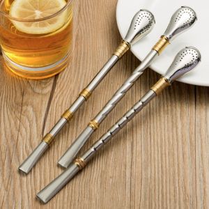 IIU 2 Piece Stainless Steel Yerba Mate Tea Spoon Reusable Rust-proof Drinking Straw Practical Detachable Stirring Spoon Bar