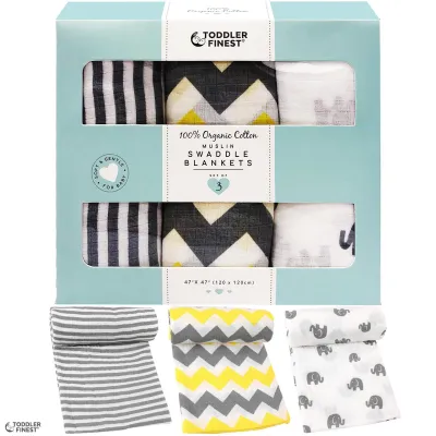 3-Pack Muslin Baby Swaddle Blanket - 100% Organic Towel Wrap - Large Soft Breathable Durable - Nursing / Stroller Cover Burp Cloth Car Seat Canopy Nap Blanket - Boy Girl Infant Toddler Newborn - Shower Gift Set - Cotton / Bamboo 47x47 (ToddlerFinest)