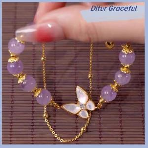 Ditur Double-layer Purple Beaded Butterfly Pendant Bracelet For Women Girls Fashion Jewelry Gifts