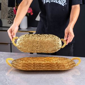 ABBAD Metal Storage Tray Long Creative Fruit Tray Light Luxury with Handle Pastry Display Plate Living Room