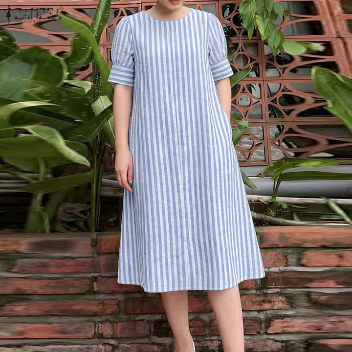 ZANZEA Korean Style Women Minimalist Casual Stripe Half Sleeve Dresses Crew Neck Side Pockets Midi Dress #0427