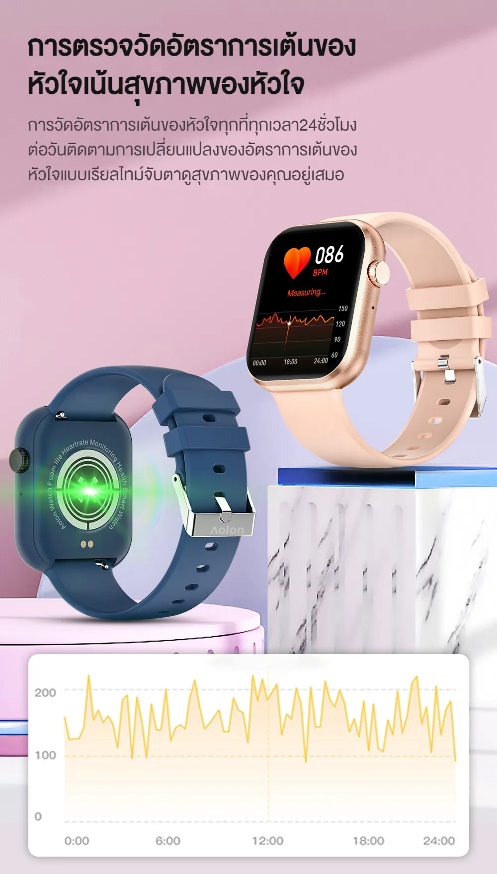 Aolon Foomlite 1.83 นิ้ว สมาร์ทวอทช์ เครื่องติดตามฟิตเนส อัตราการเต้นของหัวใจ/การตรวจจับความดันโลหิต กันน้ำ สมาทวอช