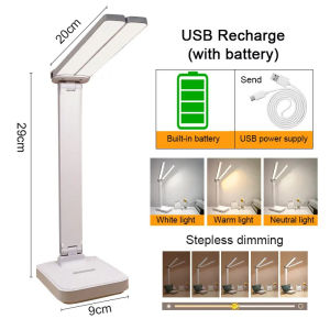Eye-Protection Desk Lamp Dual-Head LED Table Light Rechargeable Touch Dimmable Foldable Reading Lamp for Student Study Bedroom Night Light