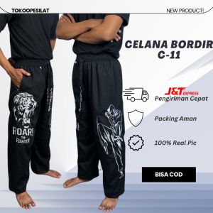 Celana Pakaian Silat Bordir C-11 Motif Gambar Macan Harimau Hitam Tebal Komprang Pangsi Panjang