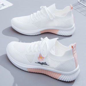 Womens casual sports shoes new style flying woven shoes mesh breathable running Korean version of all-match white shoes