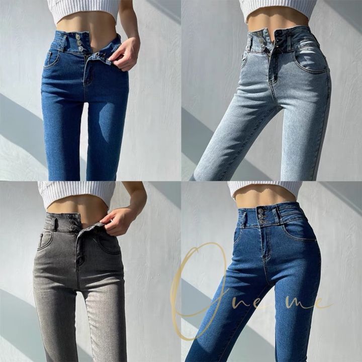 ONE ME#COD 3 buttons Stretchable High Waist Pants Skinny Jeans For Women Denim  Pants Korean Style Good Quality
