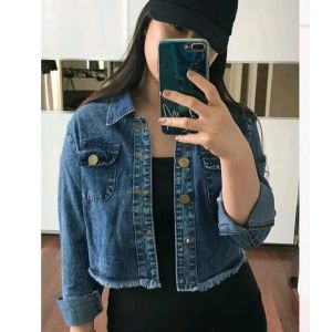Jaket Jeans Wanita Premium Denim Crop Rawis Gambar 3D Pita Belakang Ripped Snow Blue terbaru