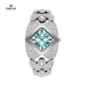 BELBI Luxurious Diamond-Encrusted Womens Watch with Square Dial and Bracelet-Style Band