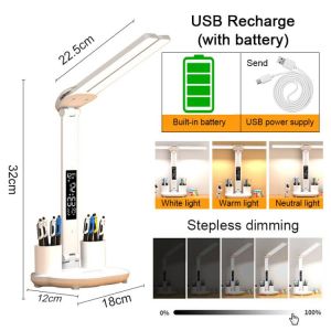 table lamp desk light study lamp lampu belajar usb light 桌灯 2 heads 180° rotate stepless dimming 3 light color in 1 lamp rechargeable bedroom bedside lamp dormitory reading lamp