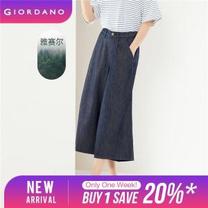 GIORDANO Women Pants Lyocell Lightweight Denim Pants Half Elastic Waist Multi-Pocket Simple Fashion Casual Crop Pants 05424310