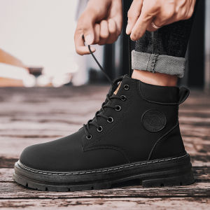 Korean Black Boots for Men Mid-top Fashion Martin Boots Men Waterproof Anti-slip