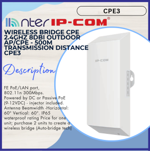 IP-COM Ipcom Wireless CPE AP 500m 500 Meter Outdoor Weatherproof 2.4GHz Powered POE 9-12V DC CPE3