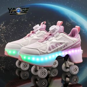 Popular Fashion Upgraded Four Wheel Childrens Roller Skating Shoes One Click Invisible LED Light Skating Shoes