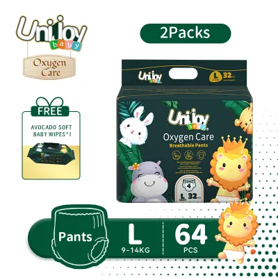 Unijoy Oxygen Care Diapers Pants Baby Diaper (Size：L) FREEx1 Baby Wipes (80Pcs/1Bag) - Superior Absorbency Ultra Soft Double Leak Guard Protection