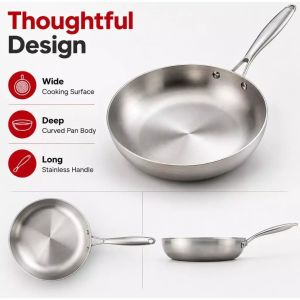 304 Stainless Steel Frying Pan 24-30cm Non-Stick 0-Coating Wok for Gas Stove & Induction Cooker Heavy-Duty Anti-Corrosion Oil-Gathering Ring Design - Metal