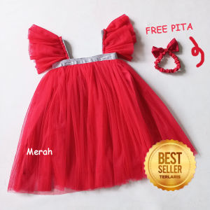 Dress Merah Anak 1 Tahun Terlaris Elegant 2023 GRATIS PITA Baju Merah Putih Gaun Red Baby Merah Cabe Untuk Hari Raya Natal Imlek Lebaran Baju Bayi Terlaris Bahan Brukat Premium KA168