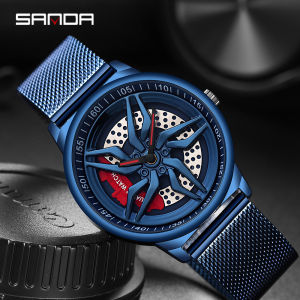 SANDA Car Wheel Watch Men Quartz Rotating Dial Mesh Steel Creative Rim Hub Wheel Military Waterproof Sport Wristwatch