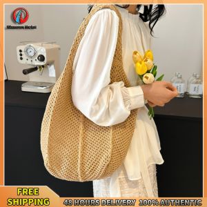 Women Crochet Tote Bag Summer Hollow Out Knitted Beach Bag Stylish Large Capacity Casual Tote
