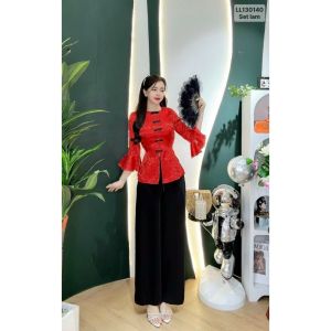 SÉT ÁO LẺ BÀ BA TAY LOE NÚT TÀU CHẤT LIỆU GẤM 2 DA QUẦN ĐEN LỤA PLANTIN QUẦN BẢN LƯNG THUN PHÍA SAU KẾT HƠP TÚI TRONGPHONG CÁCH LỊCH LÃM HIỆN ĐẠI MẪU MỚI NHẤT