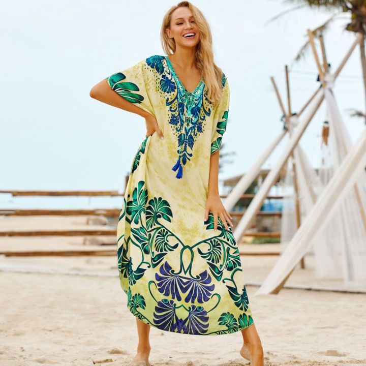 Lace Up Neckline Kaftan Arabic Style Caftan Maxi Dress Tropical