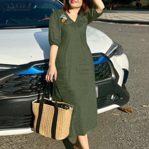 ZANZEA Womens Blouse Vintage Casual V Neck Embroidered Lantern Sleeve Casual Midi A-Line Dress #8