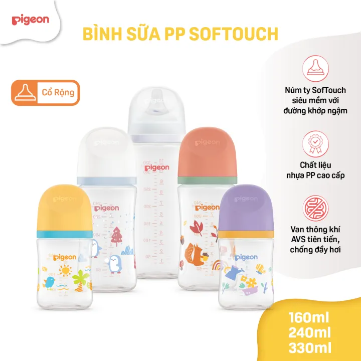Bình sữa chống đầy hơi Pigeon cổ rộng cho bé sơ sinh núm ti siêu mềm chống sặc cho trẻ 160ml/240ml/330ml chính hãng