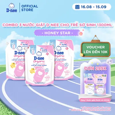 Combo 3 Nước giặt quần áo D-nee 1300ML - Honey Star (Pink) hương thơm dịu nhẹ an toàn cho trẻ em