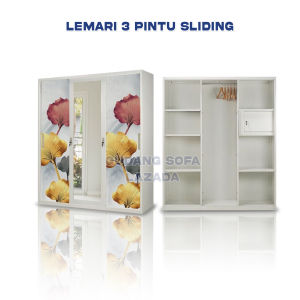 Lemari pakaian 3 Pintu sliding Motif Blossom. Bahan plat besi. Brand Olympic. Lemari baju wardrobe cermin gantungan brangkas. Anti Rayap anti basah.