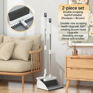 2026 Broom with Dustpan Combo Set Brooms for Sweeping Indoor and Outdoor 3 in 1 Long Push Broom Heavy-Duty for Home Cleaning