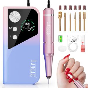 Máy mài móng điện chuyên nghiệp 45000 vòng/phút dùng cho móng gel acrylic Bộ dụng cụ máy mài móng điện LUELLE loại cầm tay có thể sạc lại không dây đi kèm bộ đầu mài màu vàng phù hợp cho sử dụng tại nhà hoặc trong các tiệm làm móng.