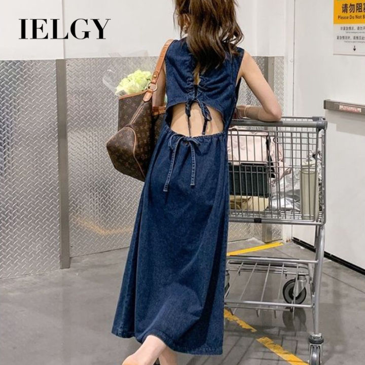 IELGY Denim dress blue drawstring backless dress for women