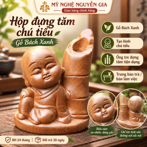 Hộp Đựng Tăm Chú Tiểu Gỗ Bách Xanh 10cm – Lọ Tăm Trang Trí Bàn Trà Bàn Ăn