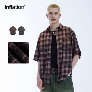 INFLATION brand Street Mens Youth 2024 Summer New Trendy American Contrast Gradient Checkered Shirt Trendy Brand Loose Couple Short Sleeve Checkered Shirt