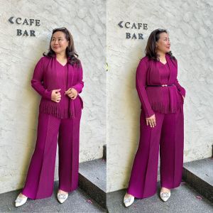 A823 ชุดเซ็ตเสื้อผ้าผู้หญิงสไตล์เกาหลี แฟชั่นสีม่วง พร้อมกางเกงขายาวและเสื้อผ้าแขนยาว