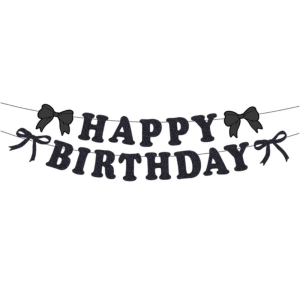 SWIFTTIDE Paper Happy Birthday Banner Spiral Bow Pattern Bow Theme Balloons Delicate Pink Black Blue Hanging Garland for Girls