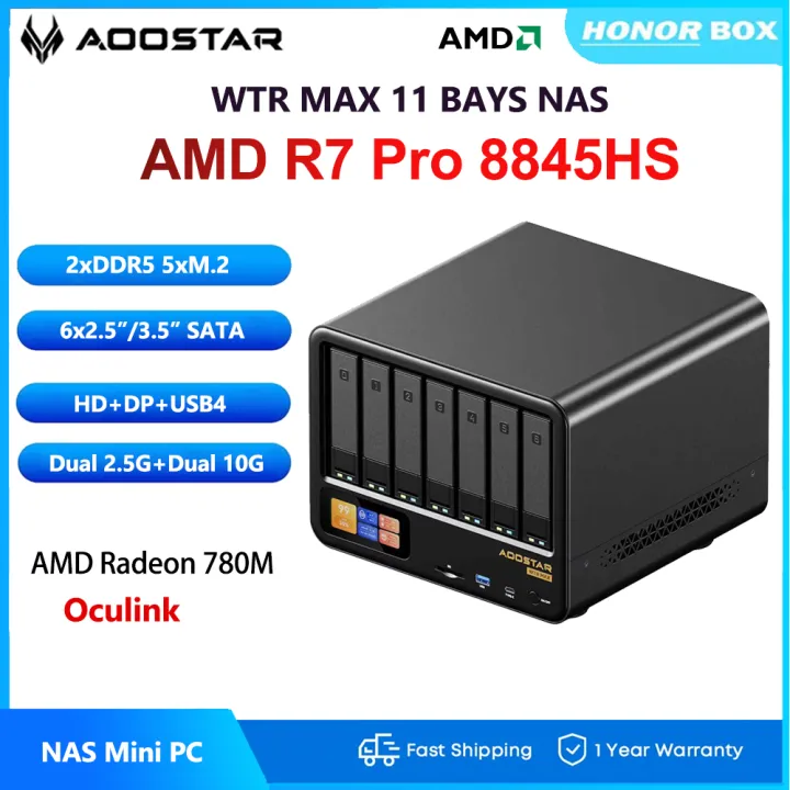 AOOSTAR WTR MAX AMD R7 PRO 8845HS 11 Bays NAS Mini PC With Screen 2*DDR5 SSD*5 6*SATA bays SFP+ 10G*2 Dual 2.5G OCulink NAS Mass Storage DIY PC