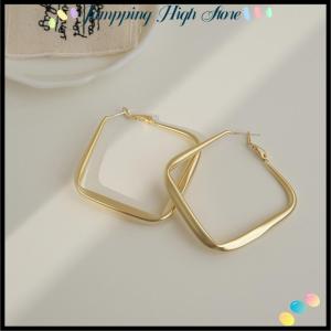 【Jumpping】 ต่างหูห่วงสี่เหลี่ยมขนาดใหญ่สีทองแฟชั่นสำหรับผู้หญิงต่างหูโลหะรูปทรงเรขาคณิตทรงกลมแบบไม่สม่ำเสมอ