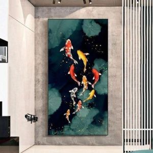 Lukisan ikan koi fengshui 9 plus bingkai hiasan dinding - future art painting